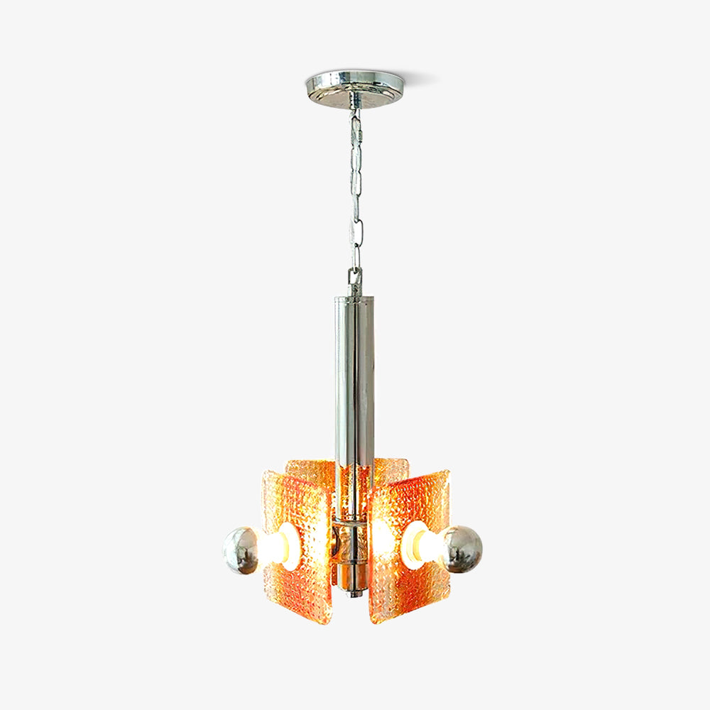 Alohi pendant isolated on white with round chrome canopy, hanging chain, long stem, orange textured glass and glowing bulbs.
