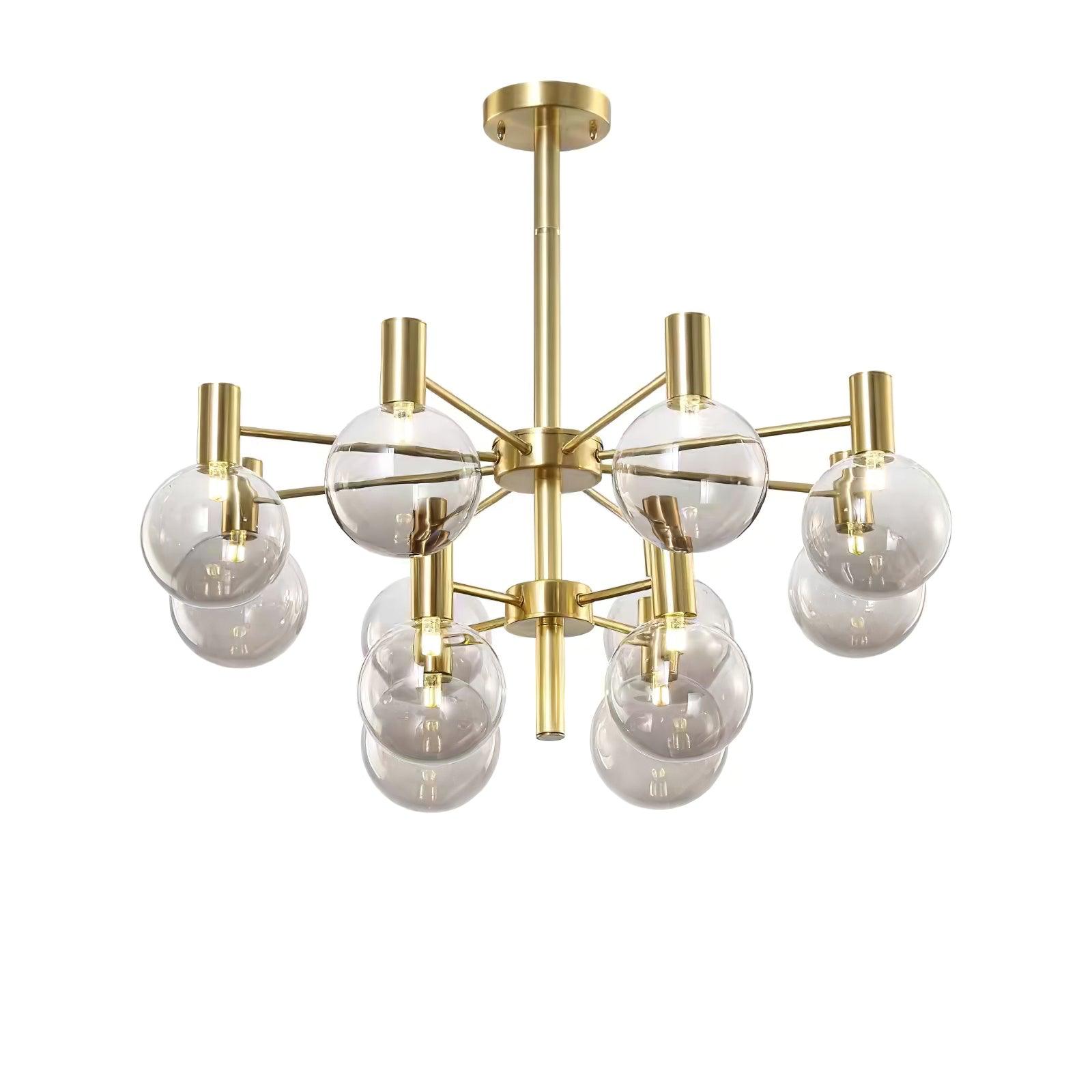 Two-tier clear-globe chandelier with illuminated lamps, two gold-tone hubs, a ceiling rod and round canopy on white.