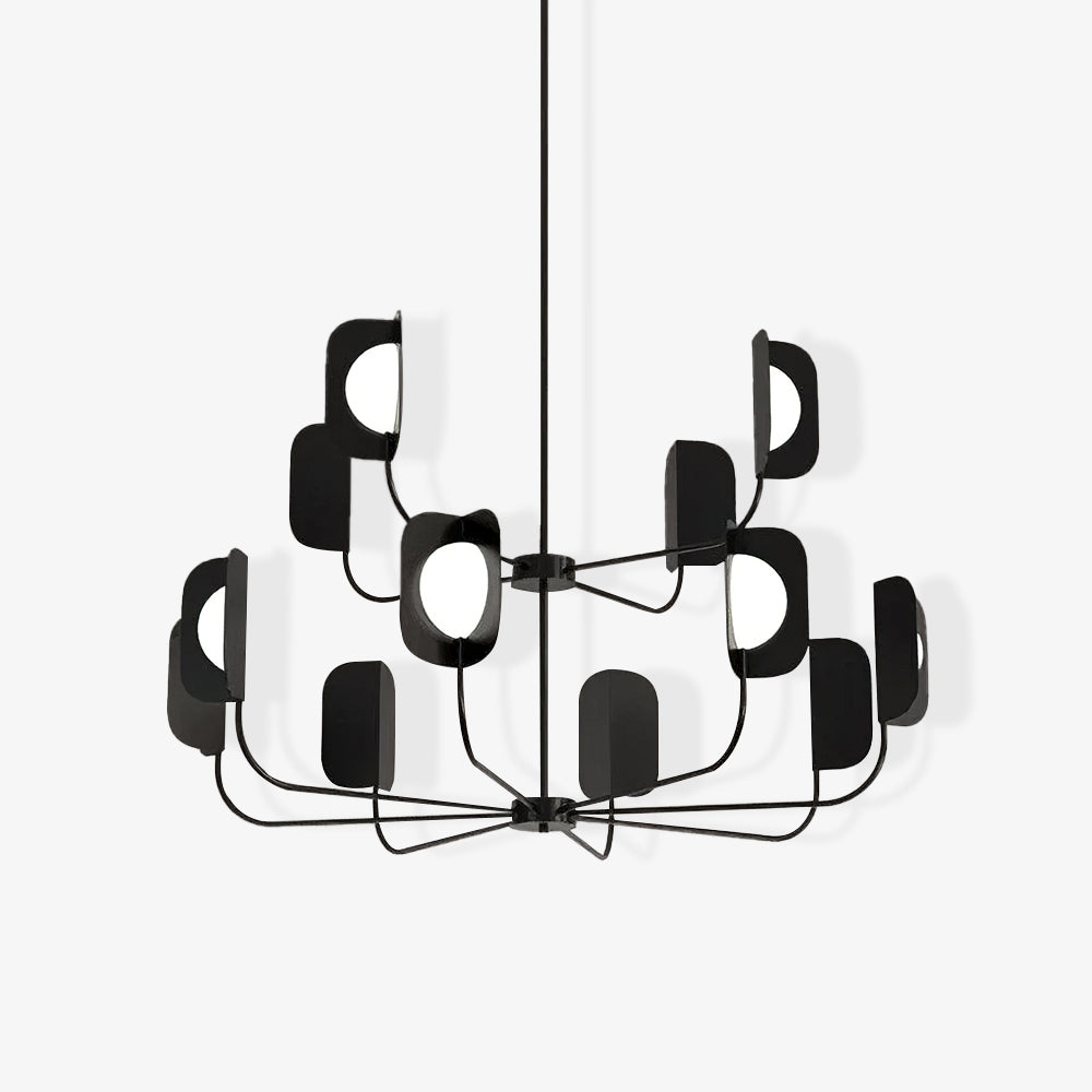 Black twelve-light LEAF chandelier with two tiers of rounded leaf panels against a white background