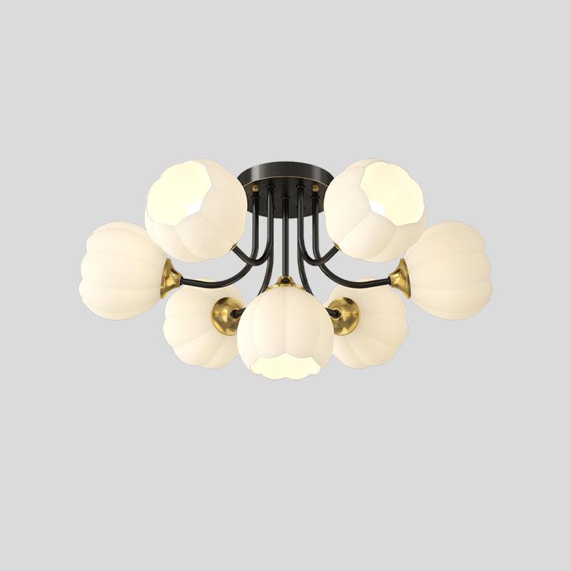 Seven-head Black & White Pumpkin ceiling light with black arms, gold-colour fittings and white glass shades