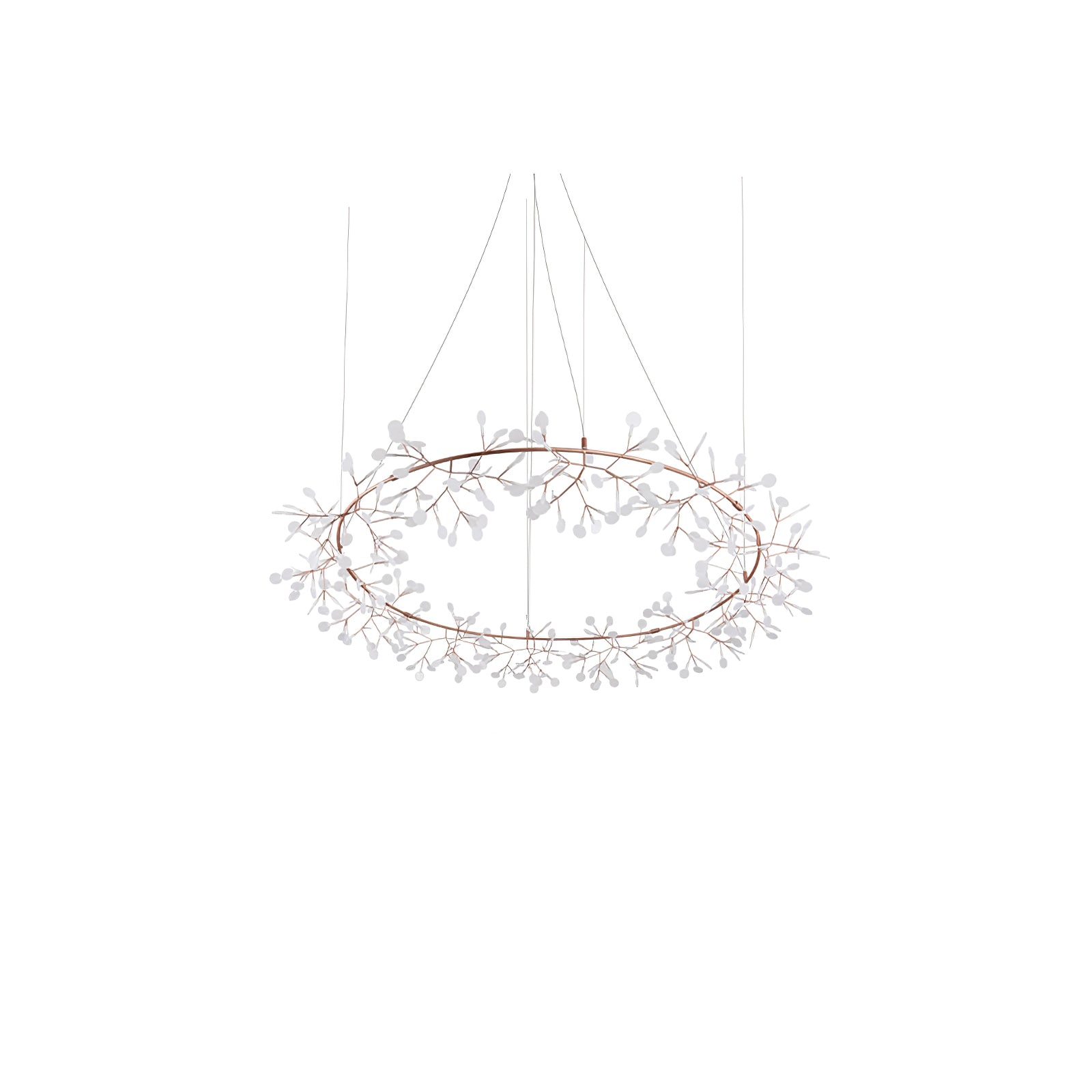 Oblique view of an unlit rose-copper ring chandelier with white leaves around a wide open centre