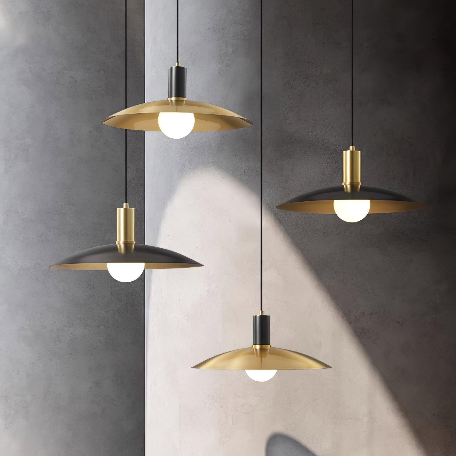 Several separate flared pendants in both finish combinations