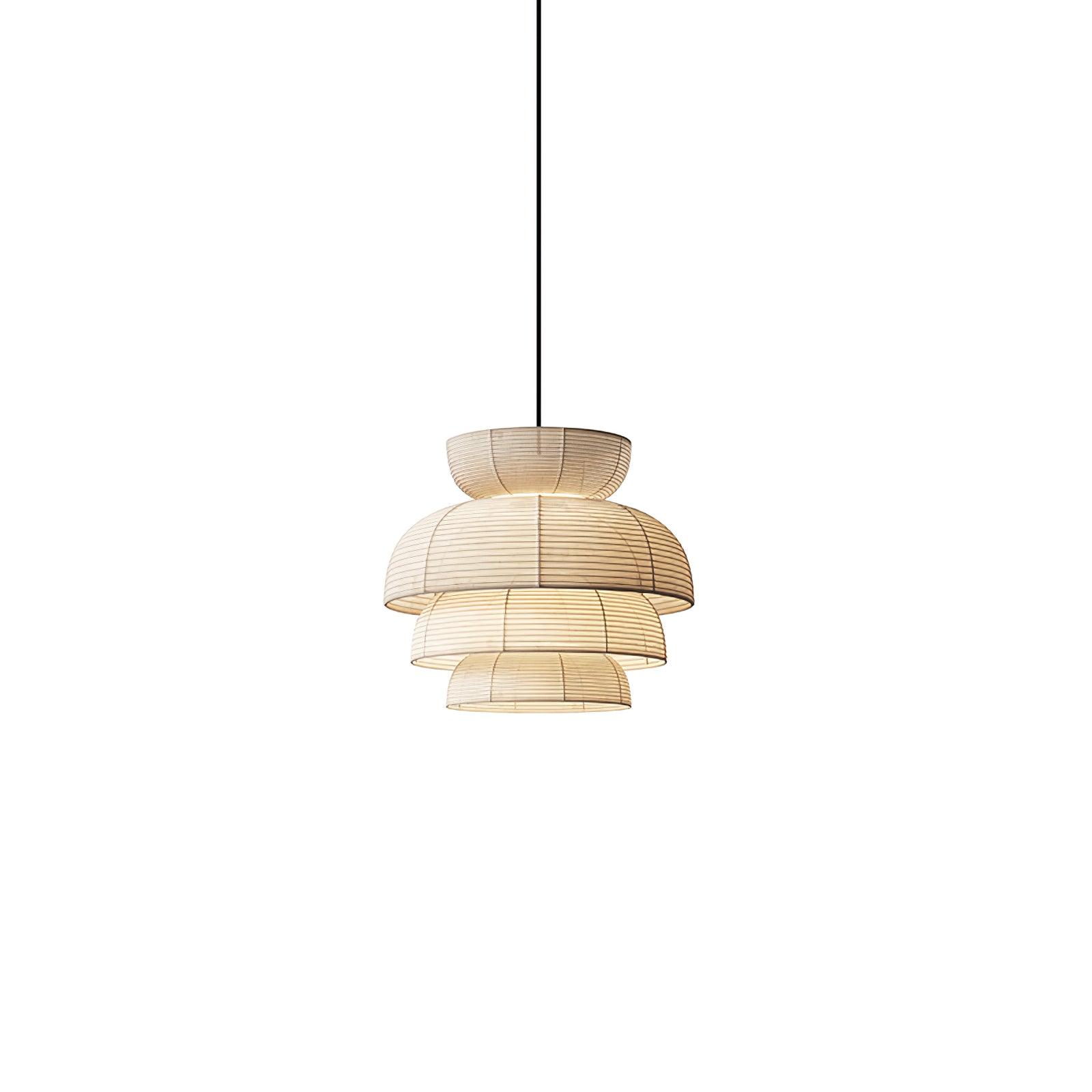 Four-section fabric pendant with upper bowl, middle dome, lower cylinder and small bottom bowl, isolated on white