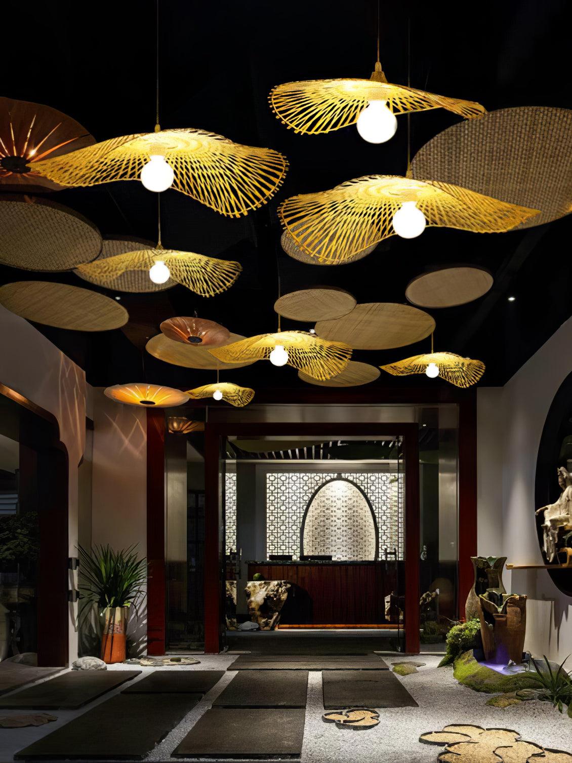 Open bamboo shades against a dark ceiling