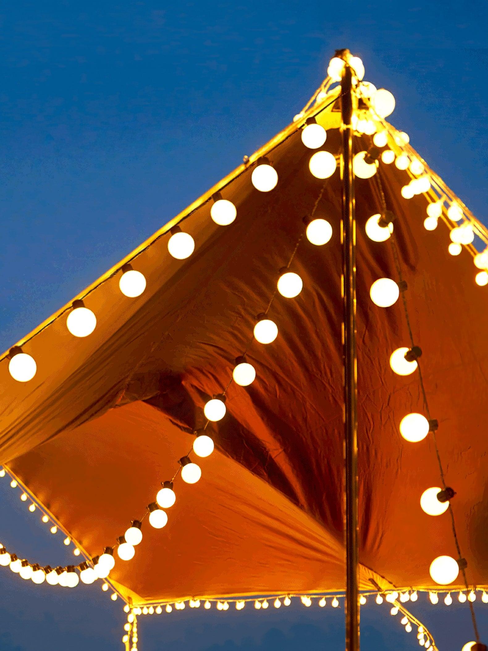 Globe lights arranged along a parasol canopy