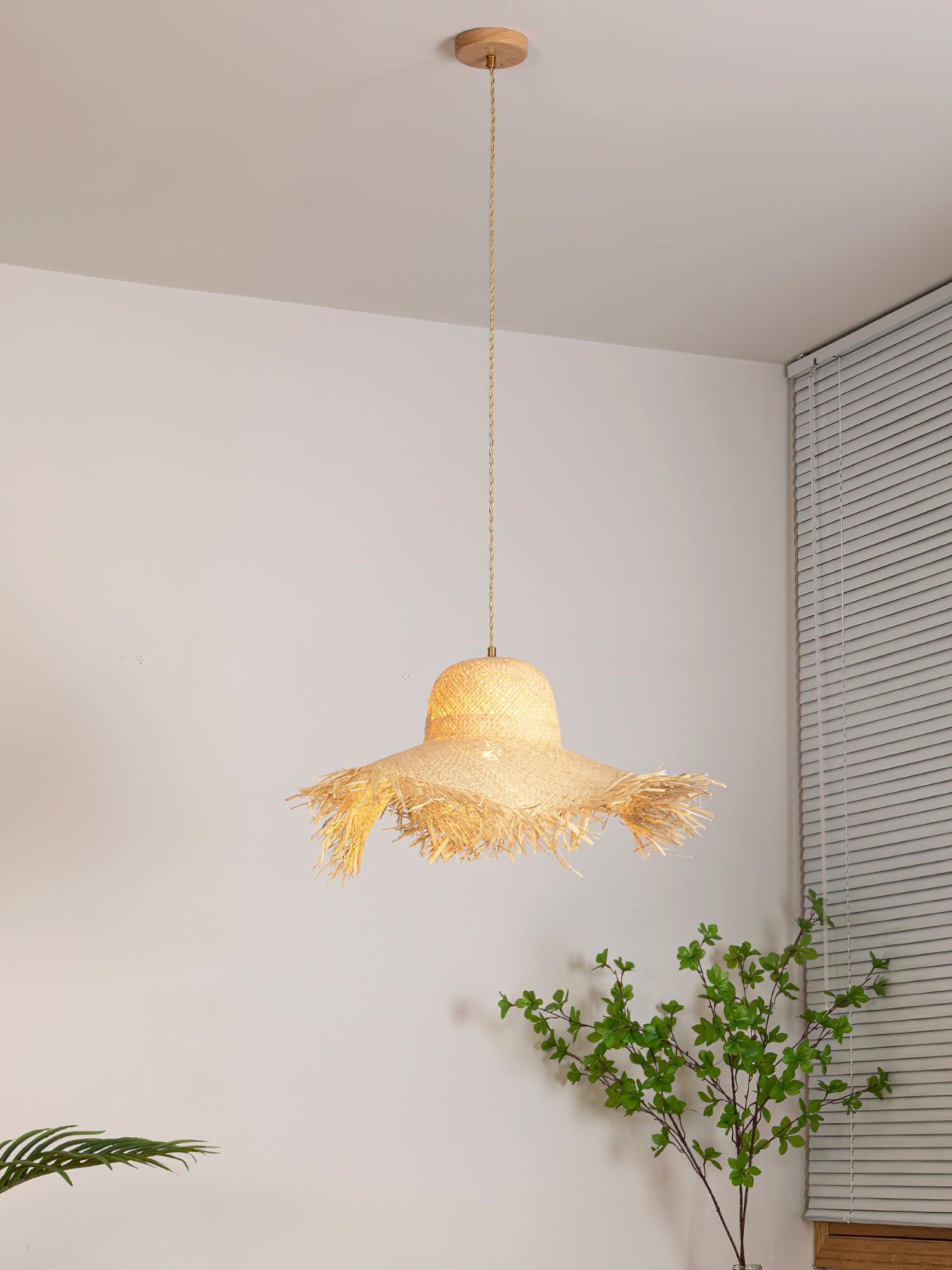 Full lit rattan hat pendant with long tan cord and round canopy near white blinds and a green branch