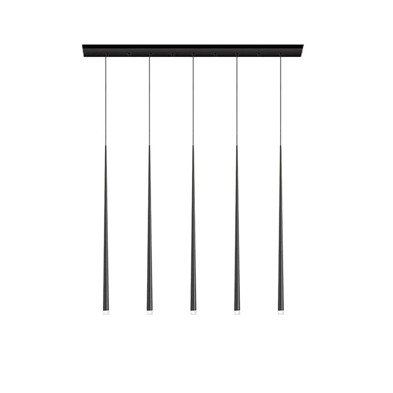Five-light linear pendant with black rectangular canopy and 60 cm tapered tubes