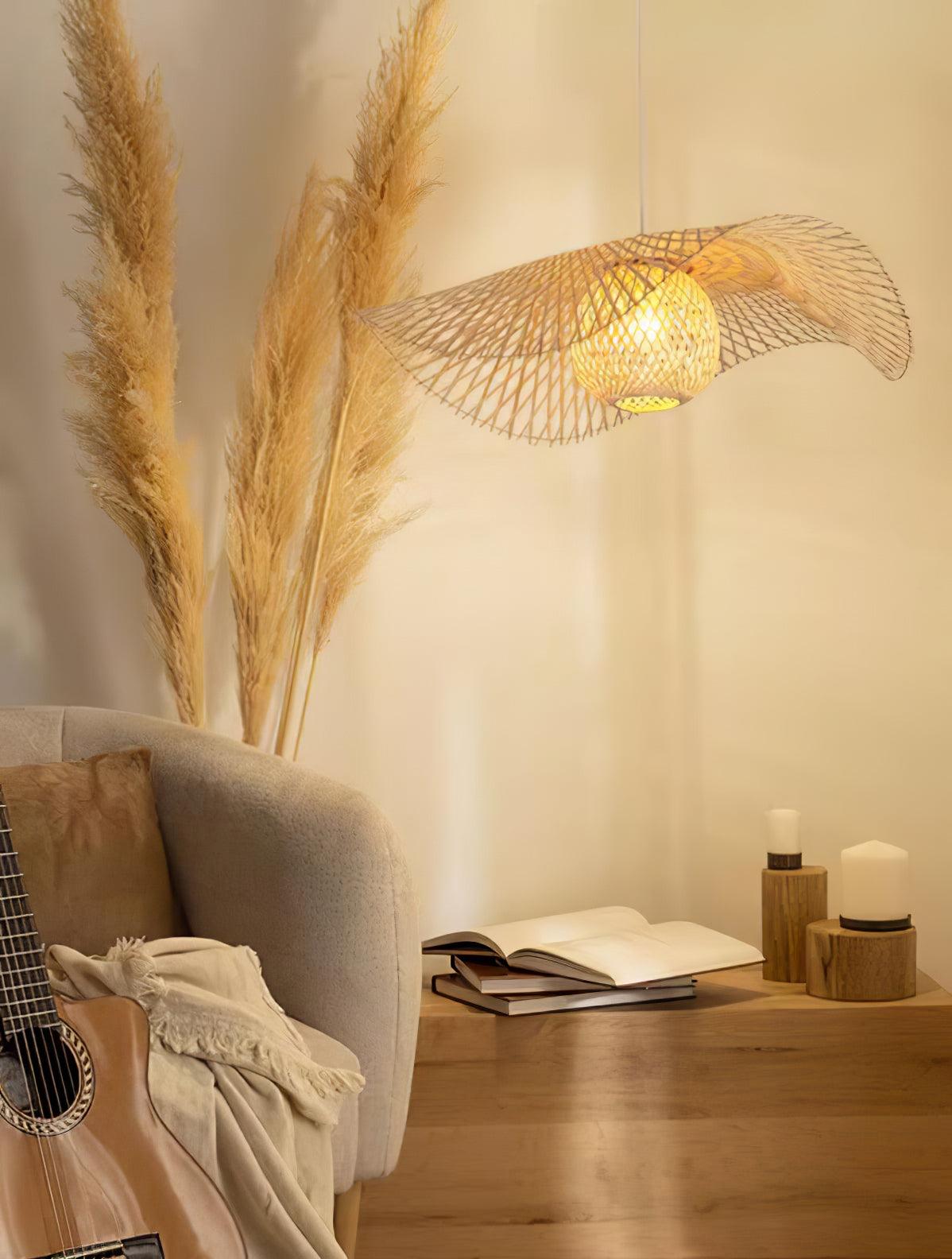 Wavy bamboo pendant above a cabinet and cushions