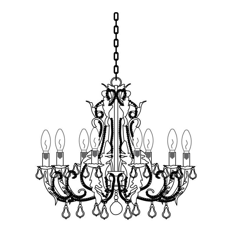 Uncoloured outline drawing of the eight-light candle chandelier, with scrolling arms, leaf details and crystal drops.