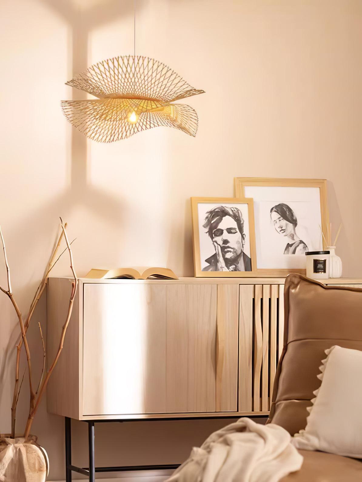 Double-layer bamboo pendant above a wooden console