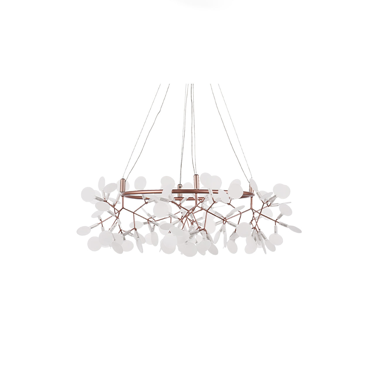 Smaller unlit rose-copper ring chandelier with white leaf disks and cropped hanging lines on white