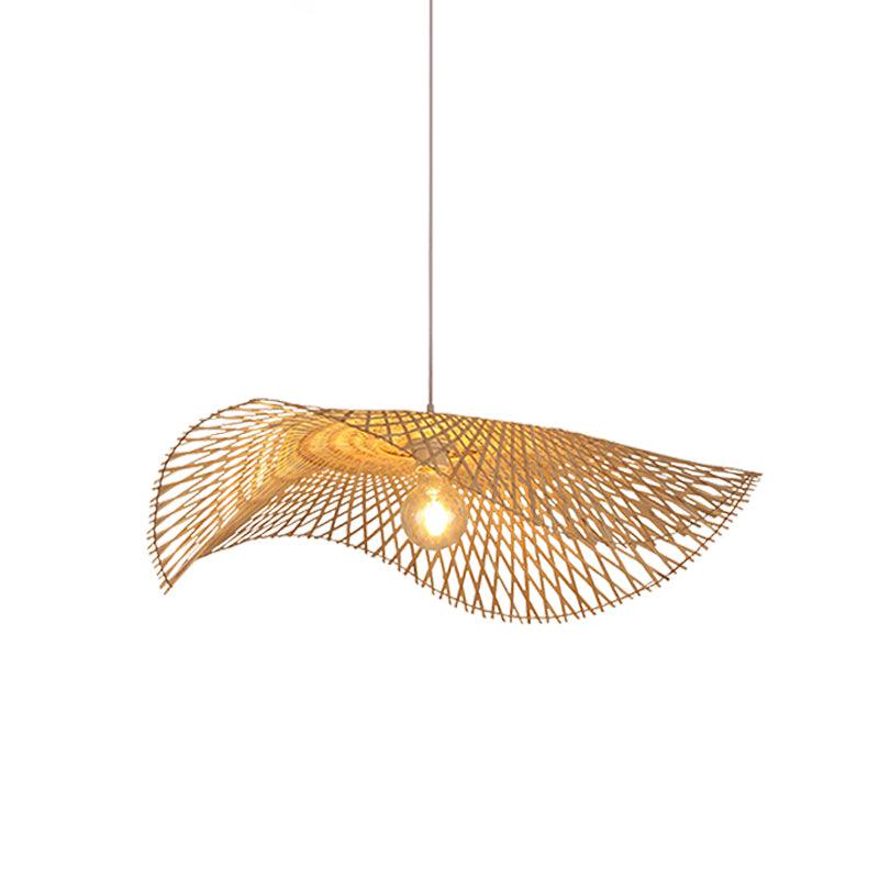 Broad undulating bamboo frame around a glowing bulb