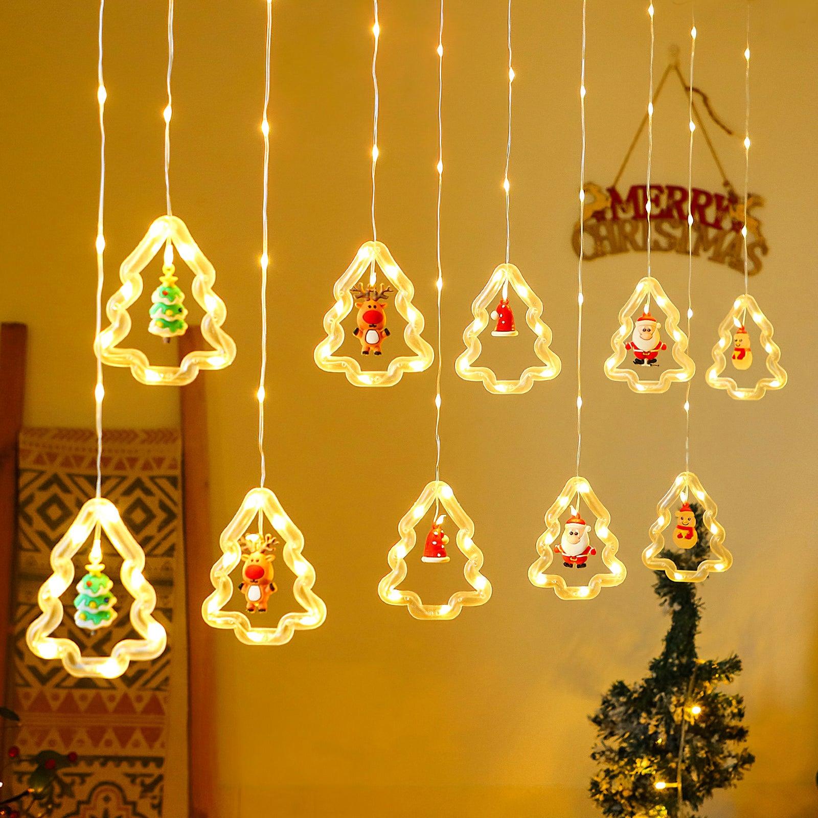 Warm tree curtain with seasonal decorations in the background