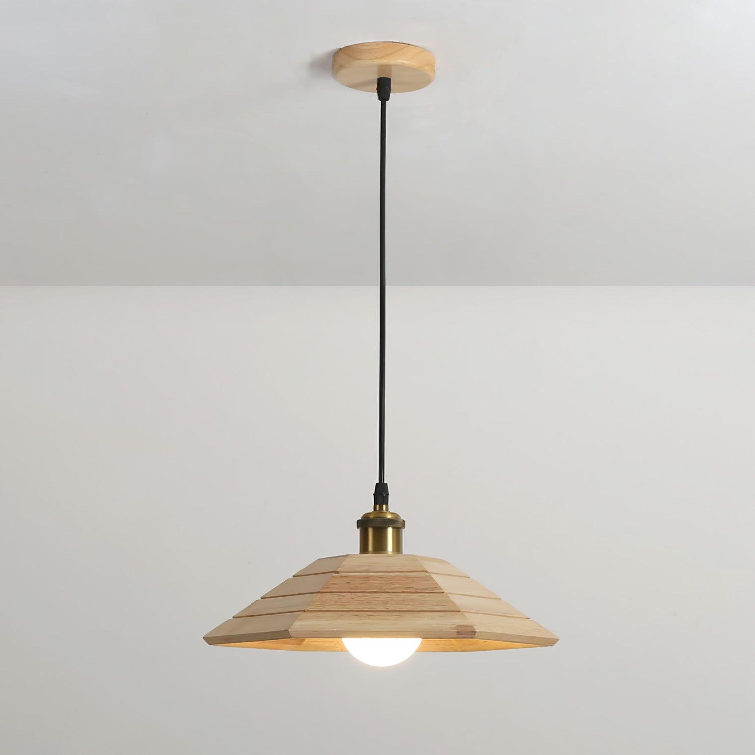 Full hanging view of light wood umbrella pendant with round ceiling canopy, black cord and gold-tone top fitting