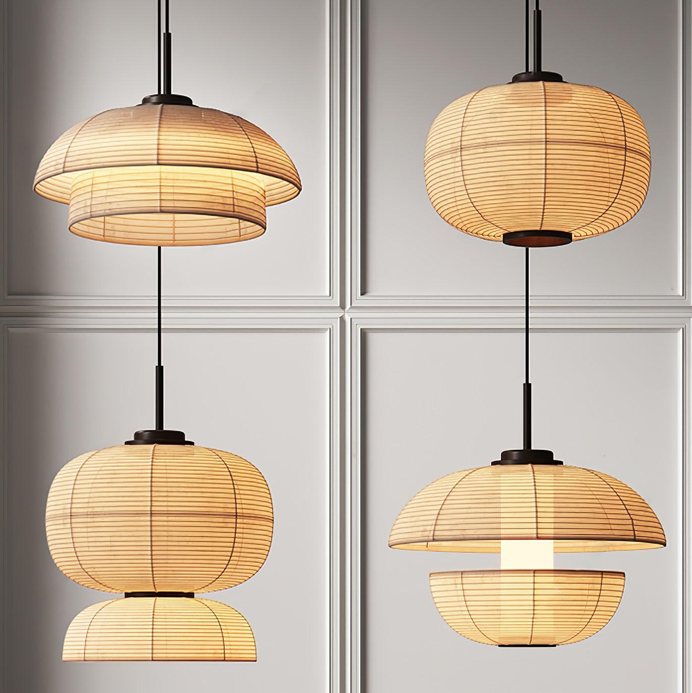Four beige fabric pendant forms against a panelled wall: dome, oval, oval with lower dome, and separated dome and bowl