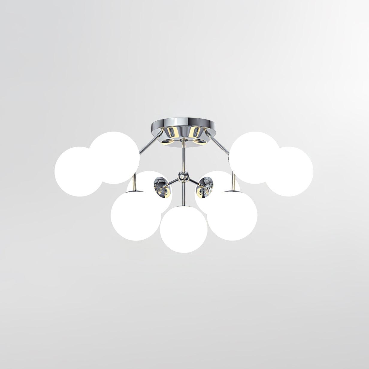 9-light Chrome & White ceiling selection with central lower globe, short branching rods and round chrome canopy on white