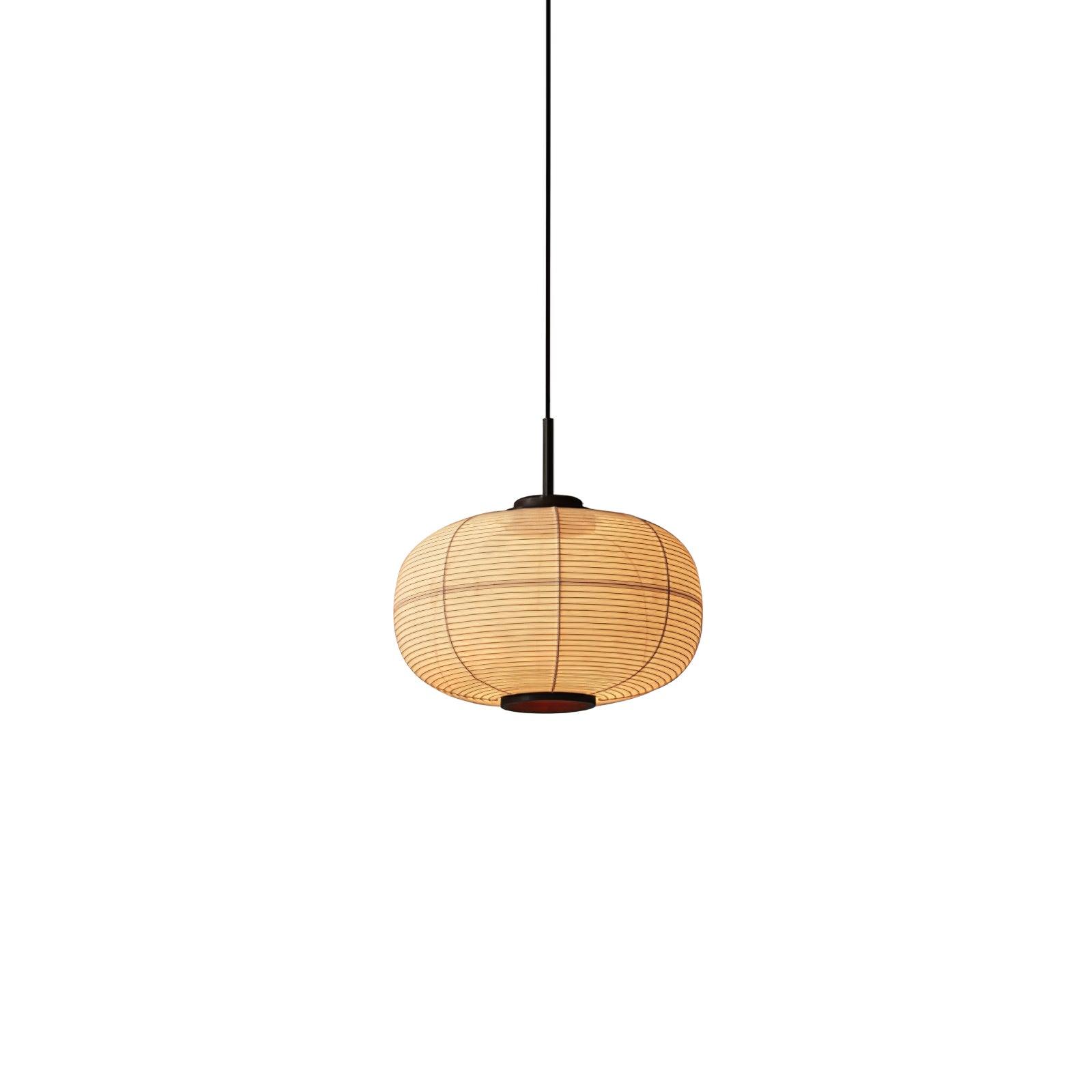 Model E single rounded oval fabric shade on a black suspension with dark lower opening, isolated on white