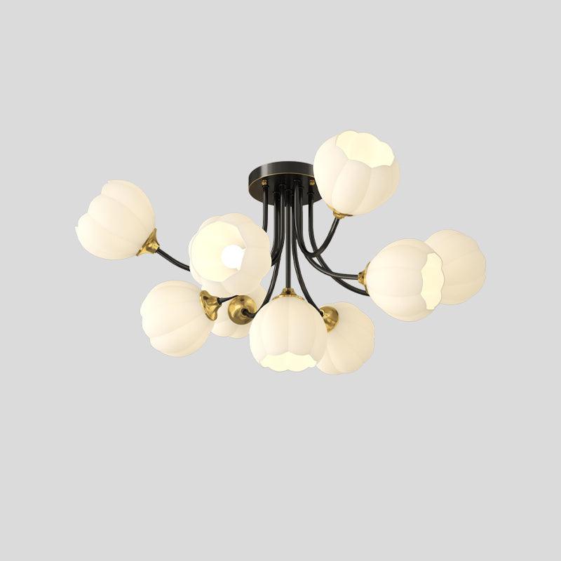 Nine-head Black & White Pumpkin ceiling light with black curved arms, gold-colour fittings and white glass shades