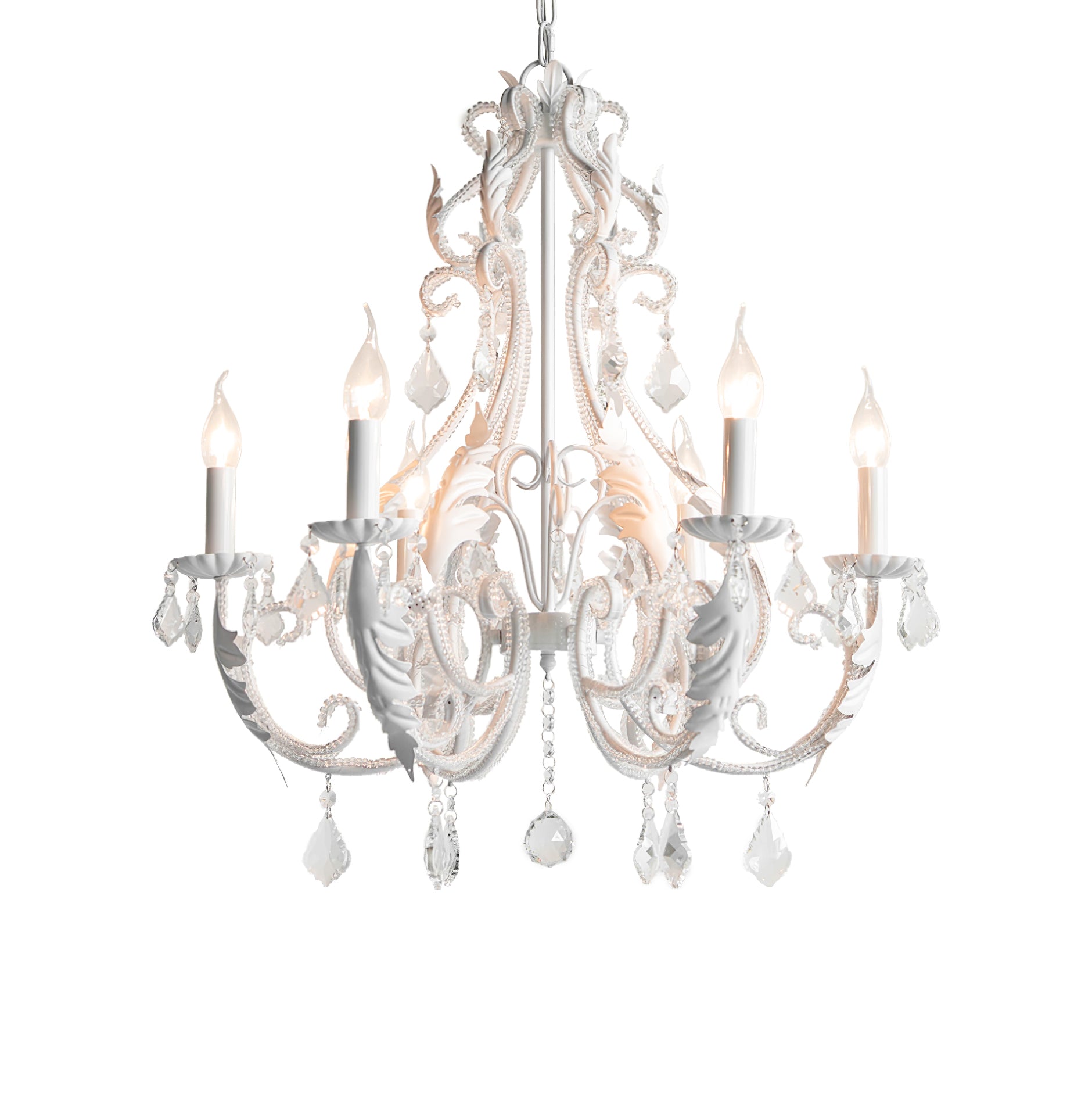 White six-light chandelier with clear beaded scrolls, botanical metal accents and a hanging crystal ball.