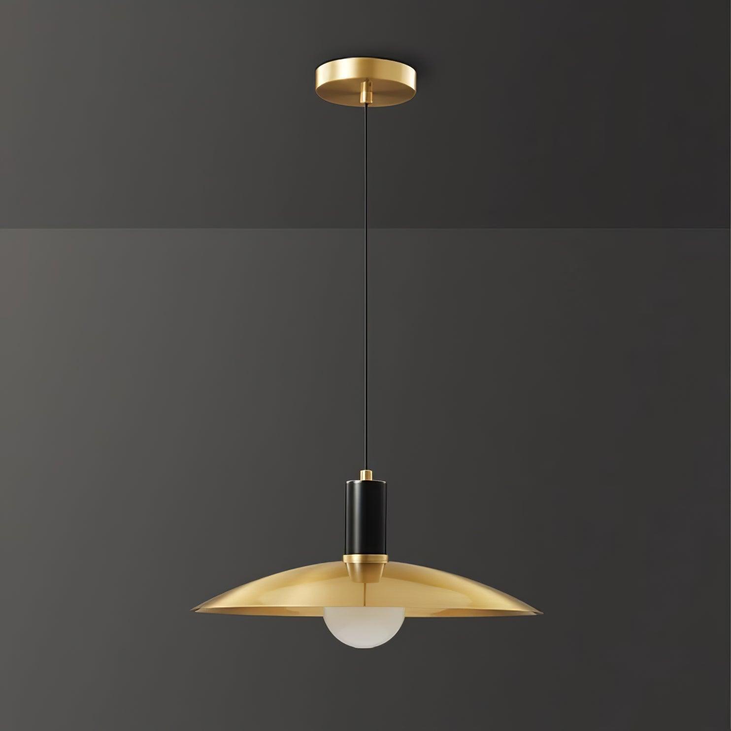 Brass-shade pendant with black cap and white globe