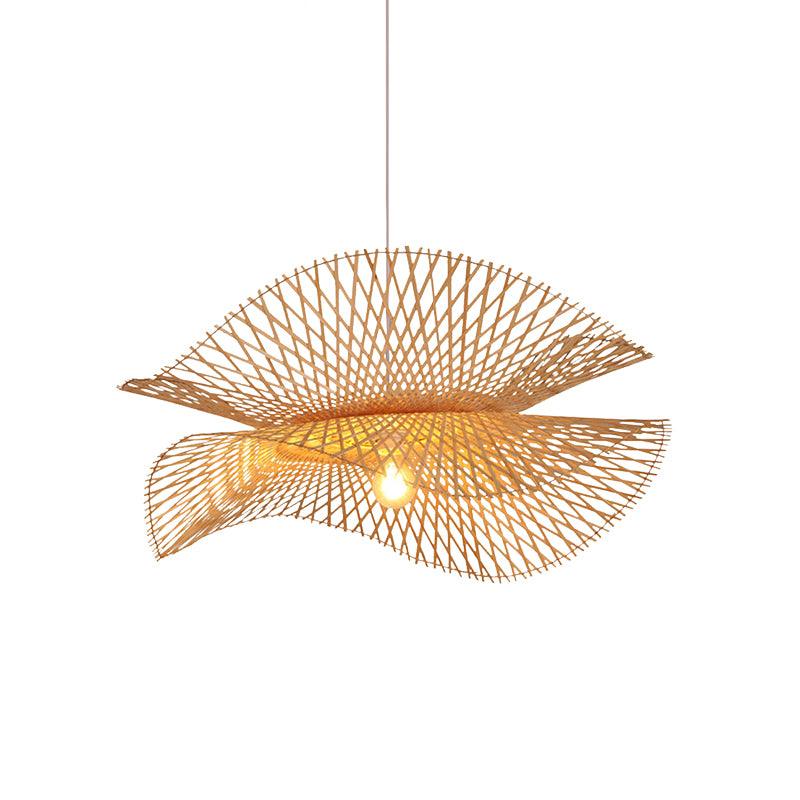 Layered wavy bamboo shade with a glowing bulb on a white background
