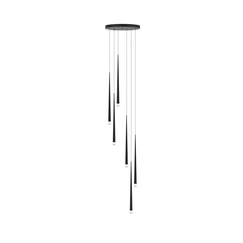 Six-light round-canopy Slender Cone cluster with staggered black 60 cm tubes