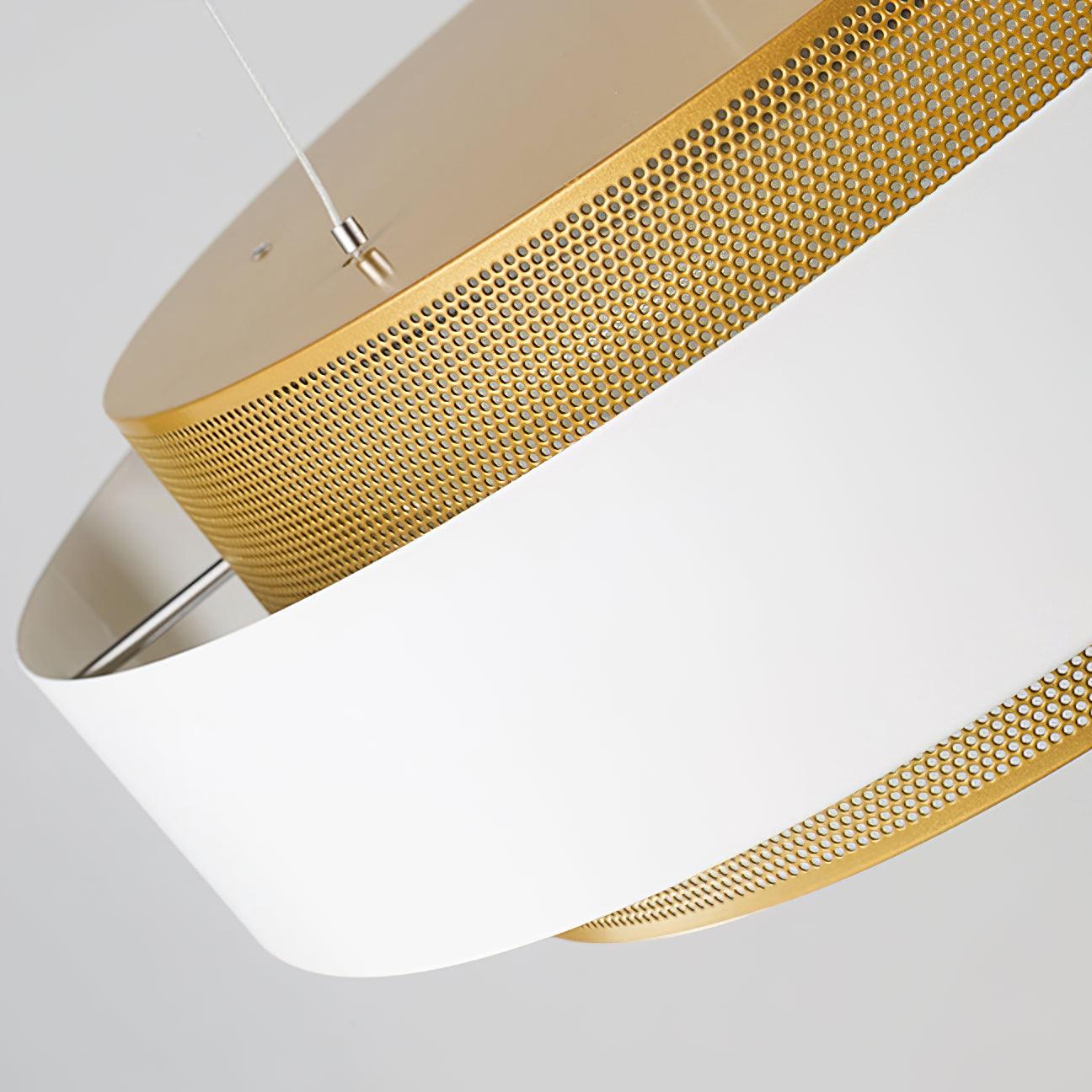 Close white outer band overlapping a gold-tone perforated cylinder and suspension attachment