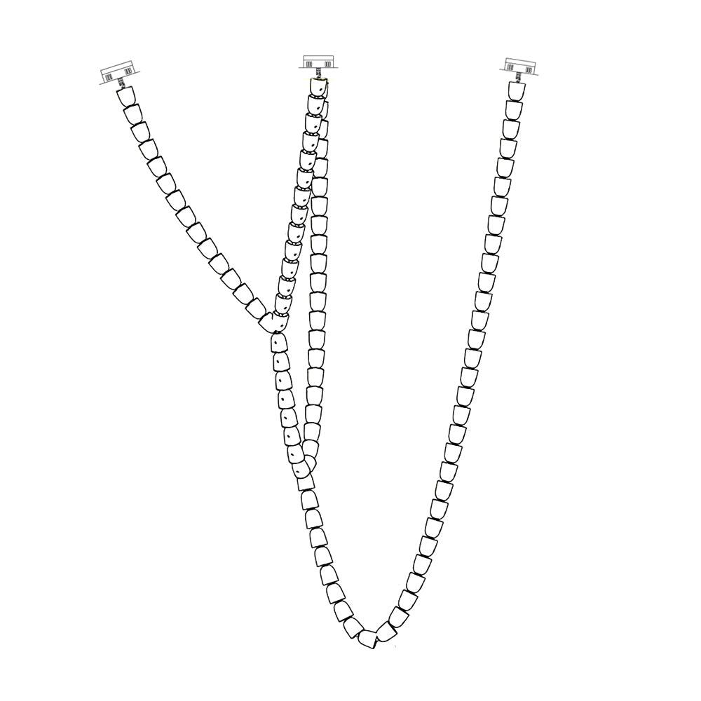 Style F 98-head selection drawing of joined deep U-shaped modular strands at unequal depths, with three upper canopy forms.