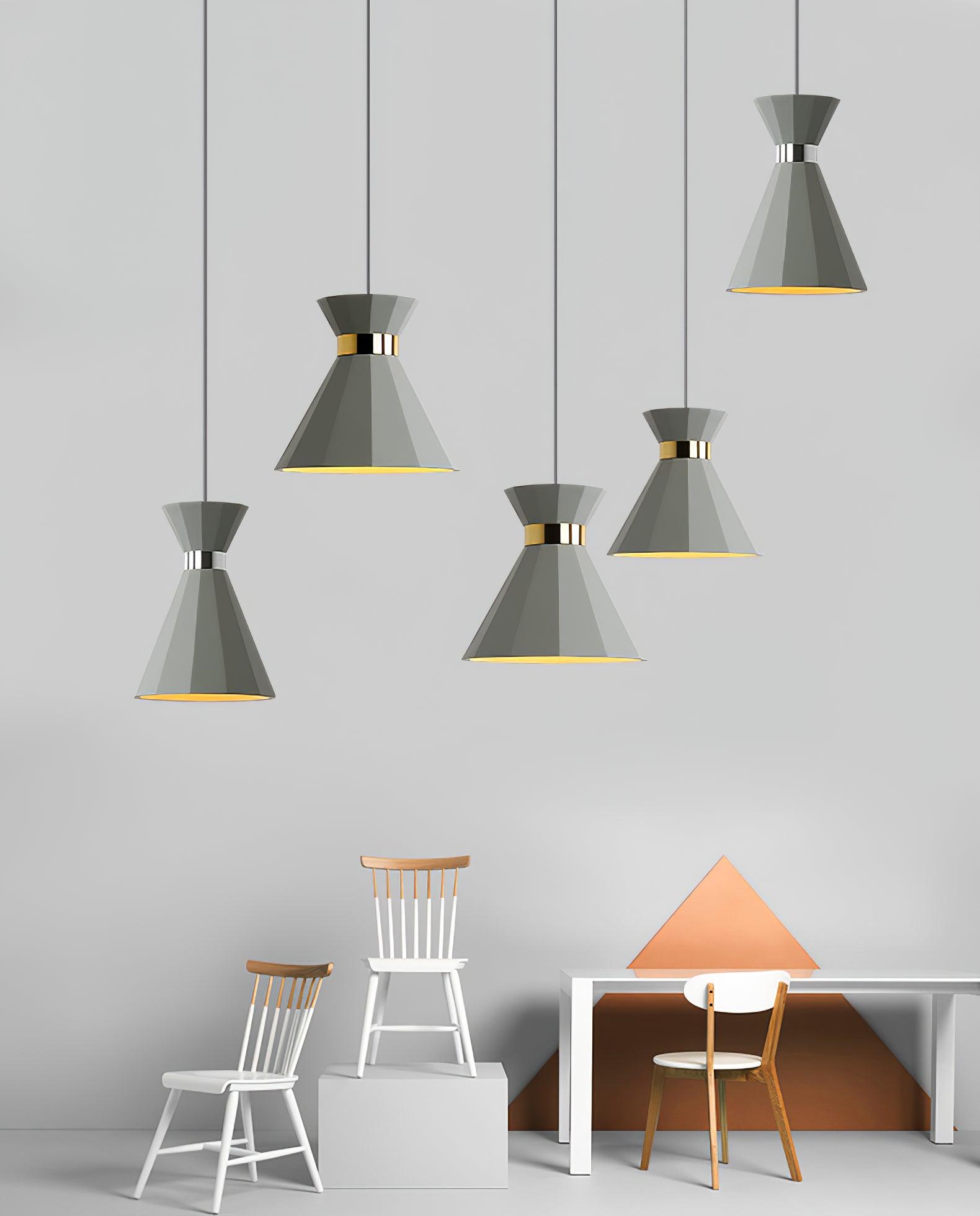 Five faceted pendants arranged at different heights