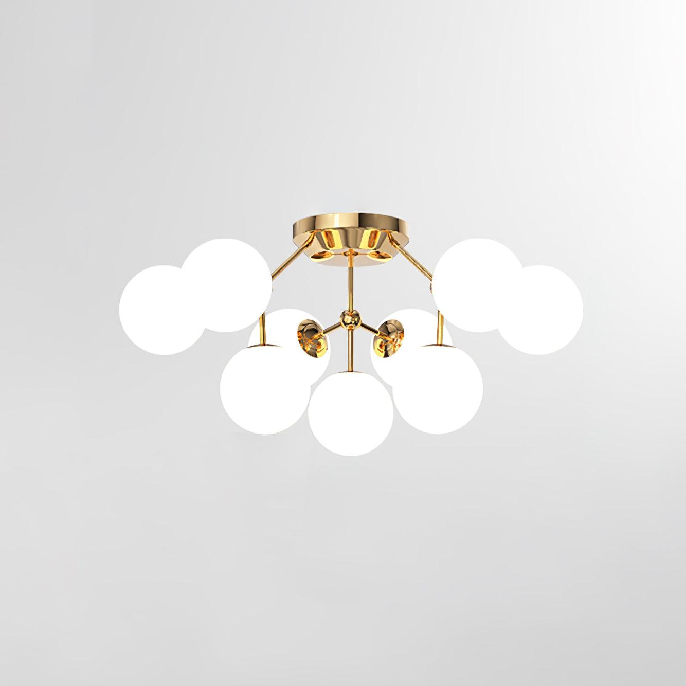9-light Gold & White ceiling selection with central lower globe, short branching rods and round gold canopy on white