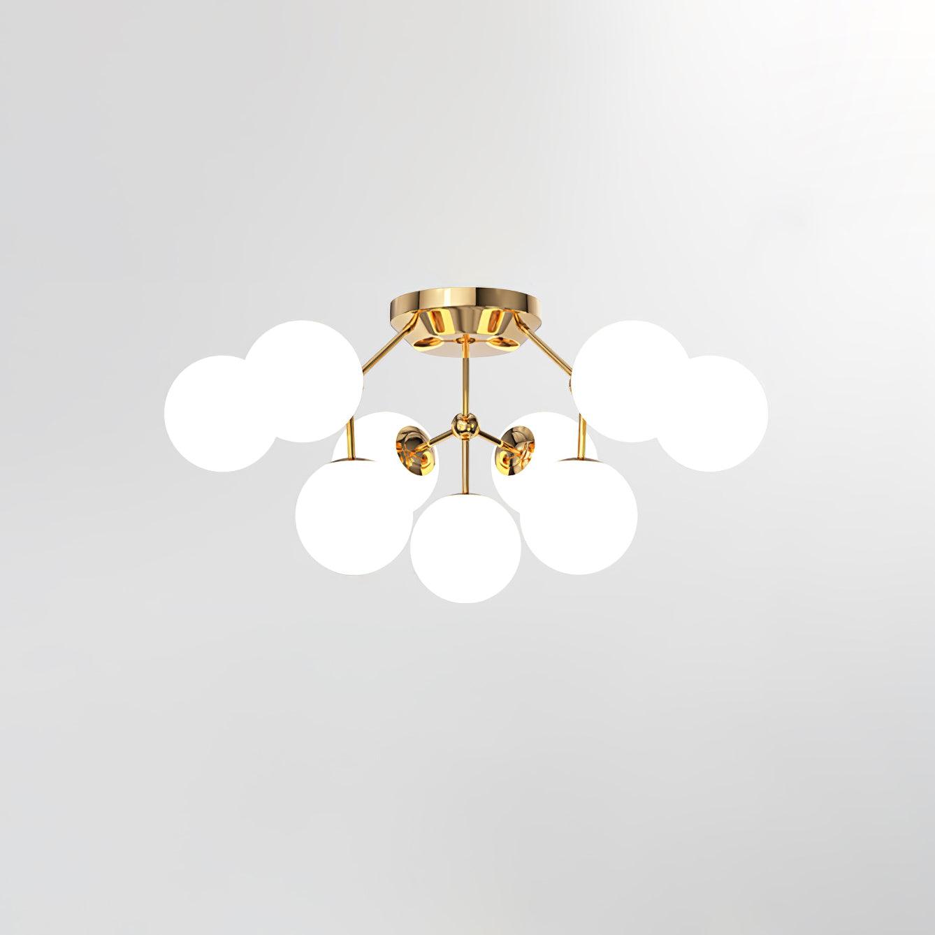 Small gold globe cluster with central lower white globe, short branching rods and a round canopy, shown on white