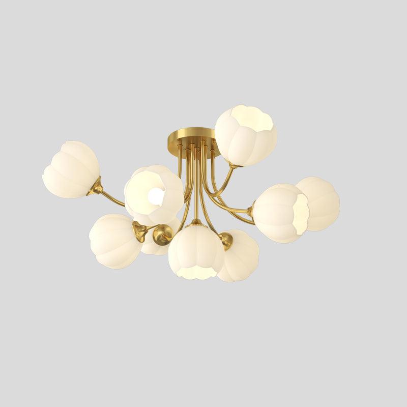 Nine-head Brass & White Pumpkin ceiling light with brass-colour arms and open white glass shades