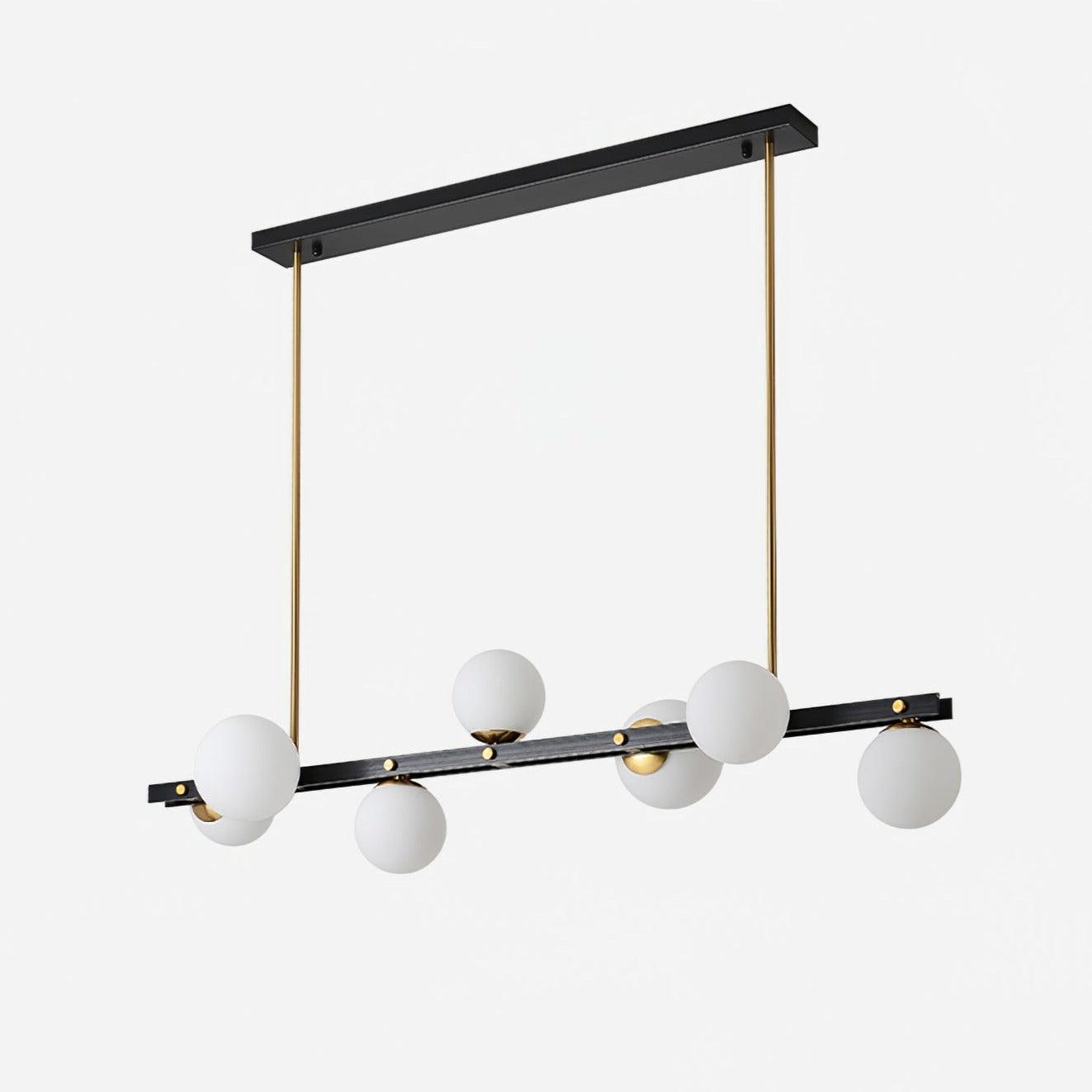 Seven-globe Planeta pendant on white, with black bar, brass-tone holders, two rods and long rectangular black canopy.