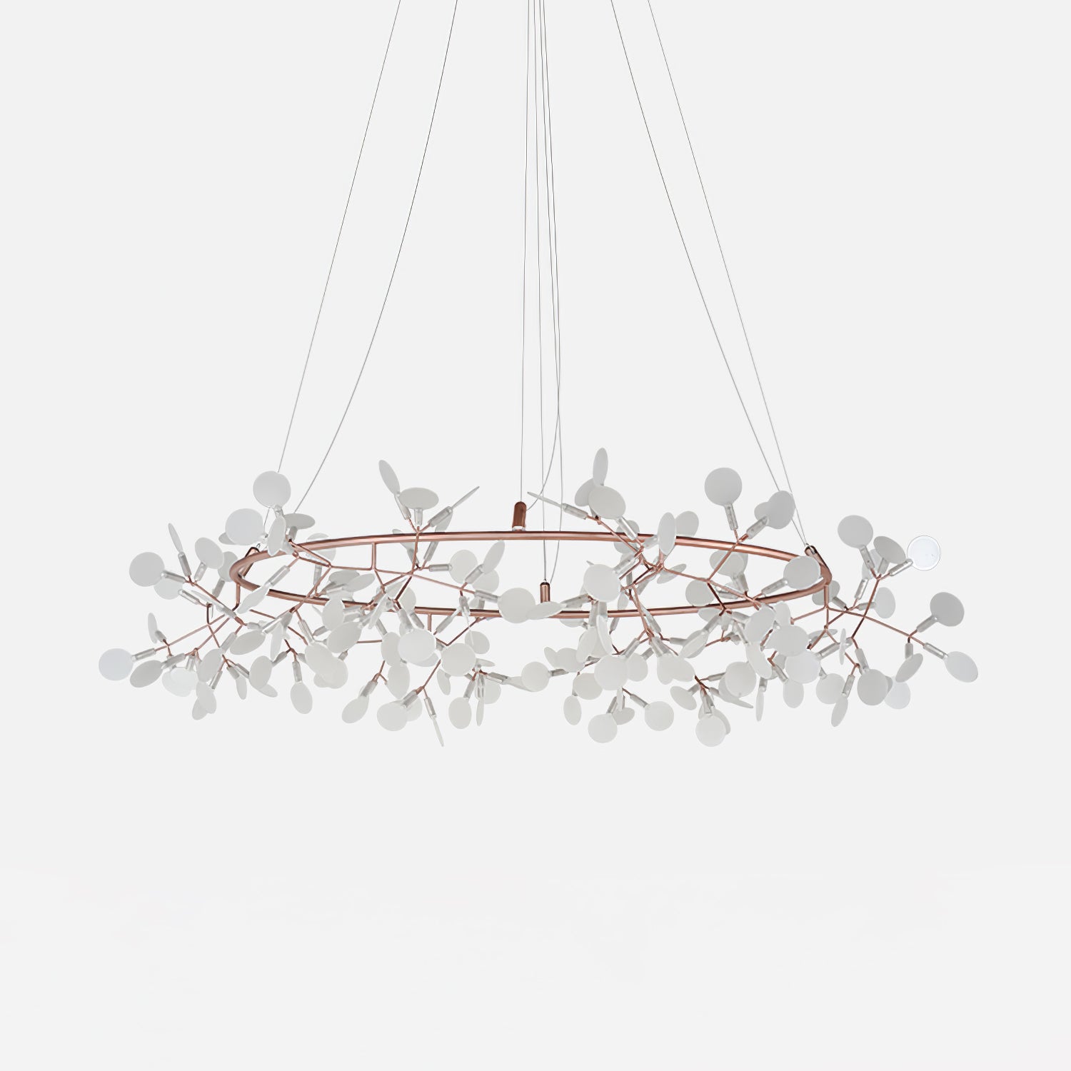 243-head Big O Firefly chandelier unlit, with a broad rose-copper ring and dense white leaf disks