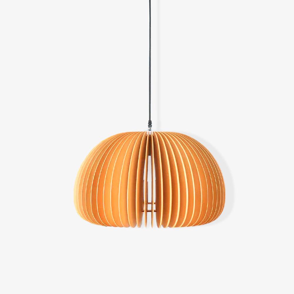 Unlit-looking wood slat dome pendant with a straight black cord, isolated on a white background