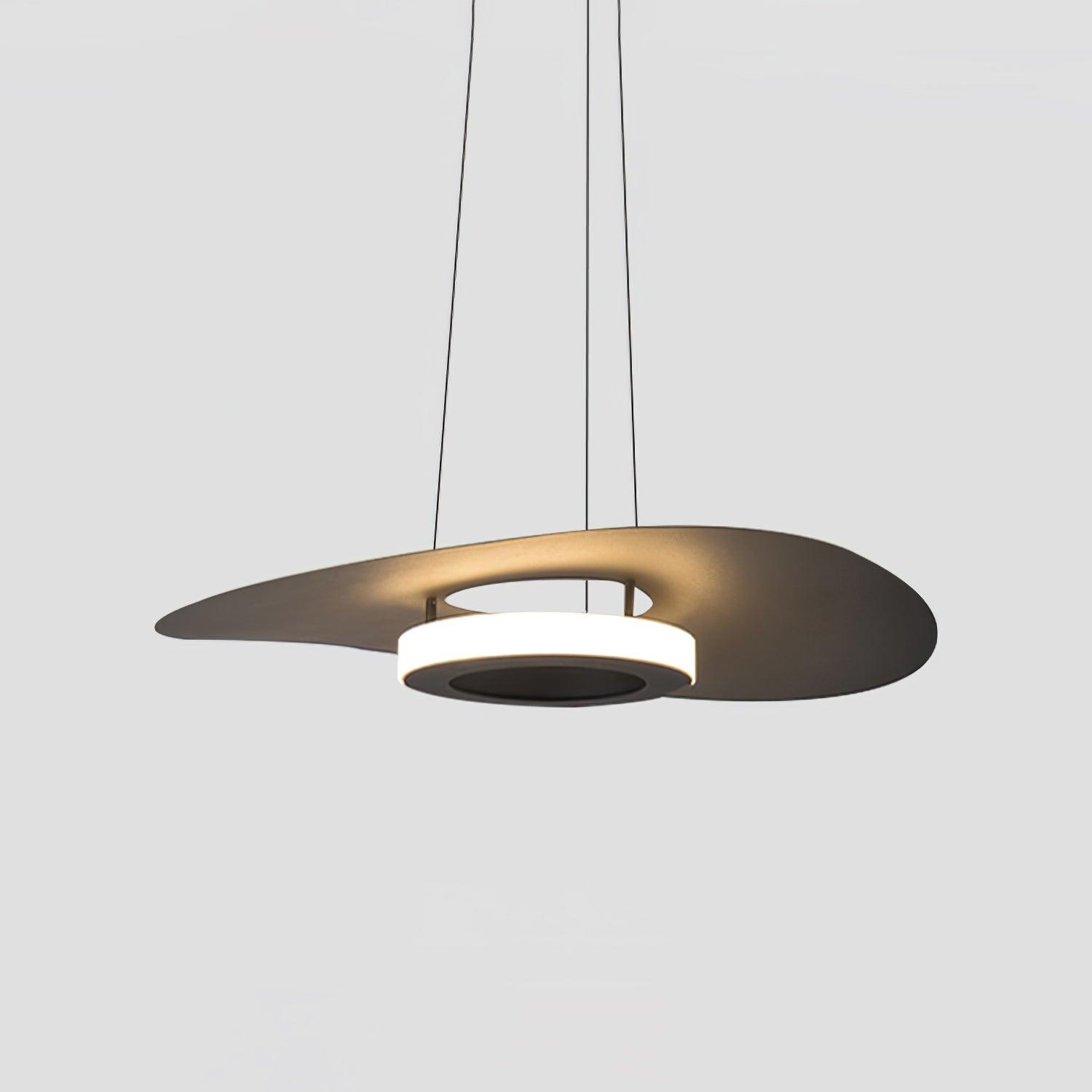 Close product view from below of dark curved disc, open center and bright lower circular light