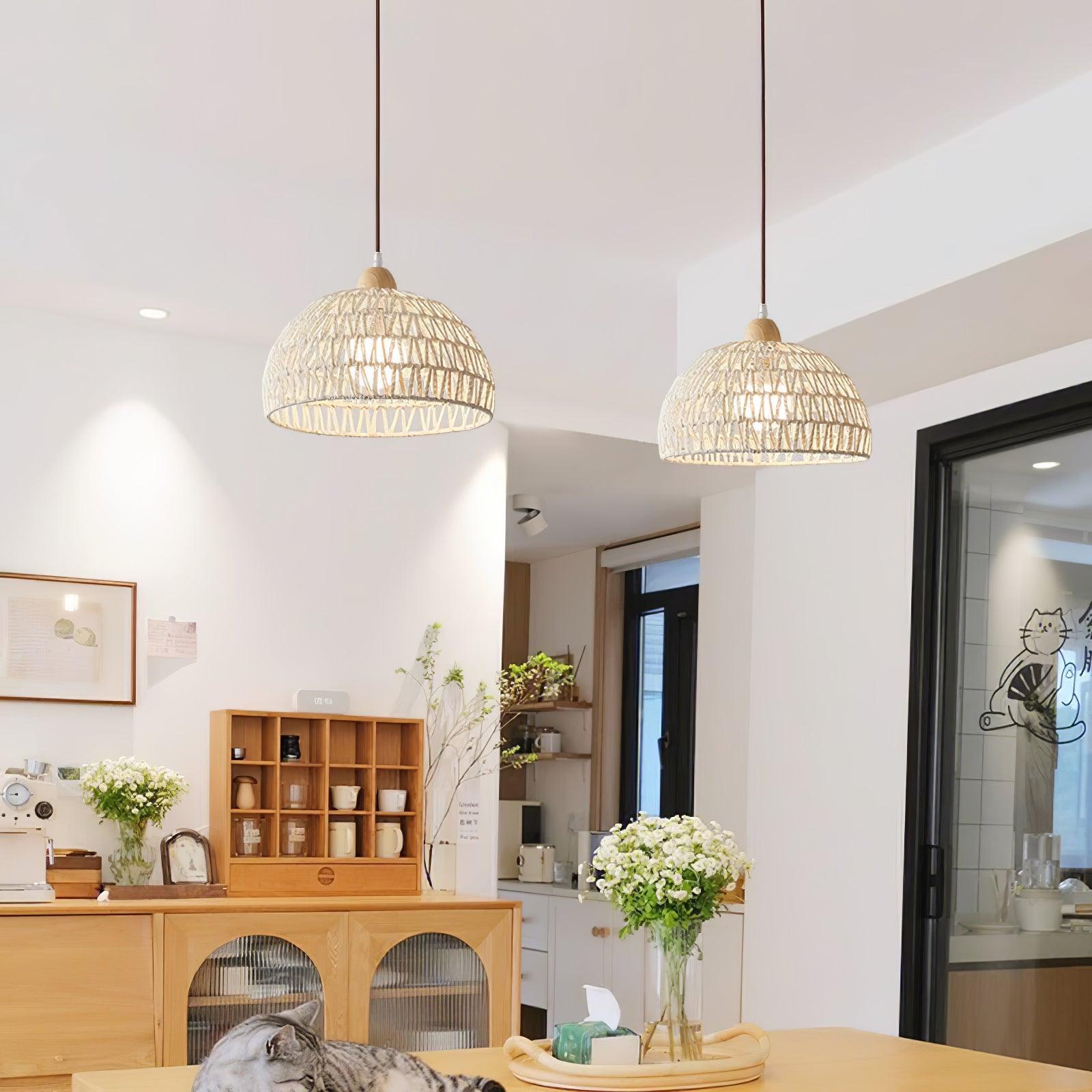 Two woven domes near a wood dining table, flower vases and cabinets, with a cat in the foreground