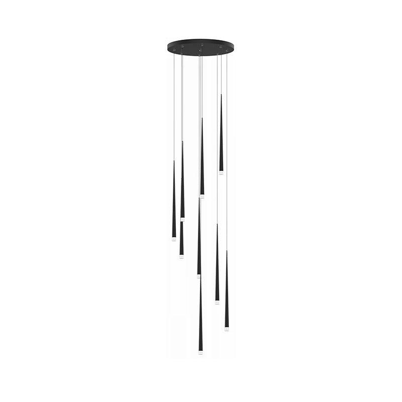 Nine-light round-canopy pendant cluster with staggered black 60 cm tubes