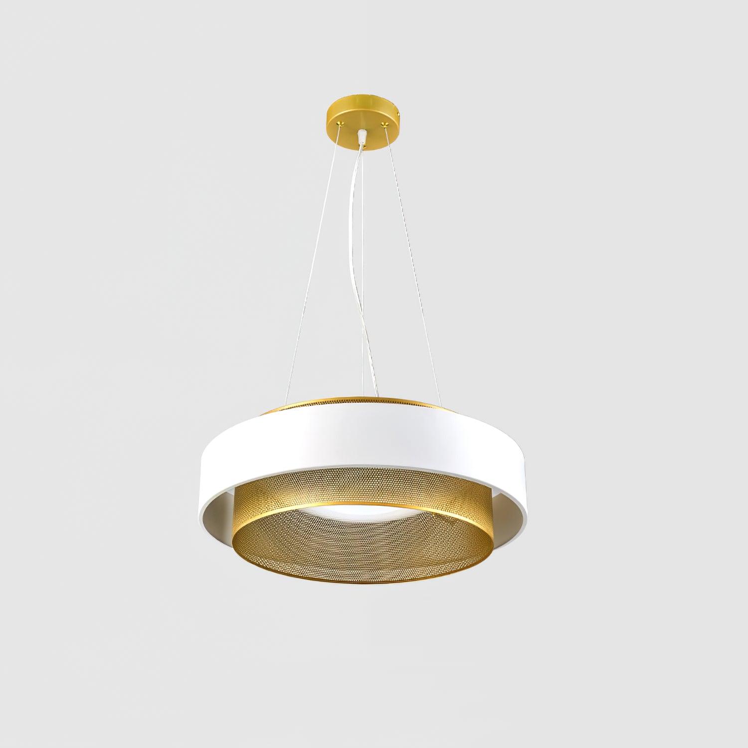 White outer band and gold-tone perforated cylinder below a gold-tone canopy on pale grey