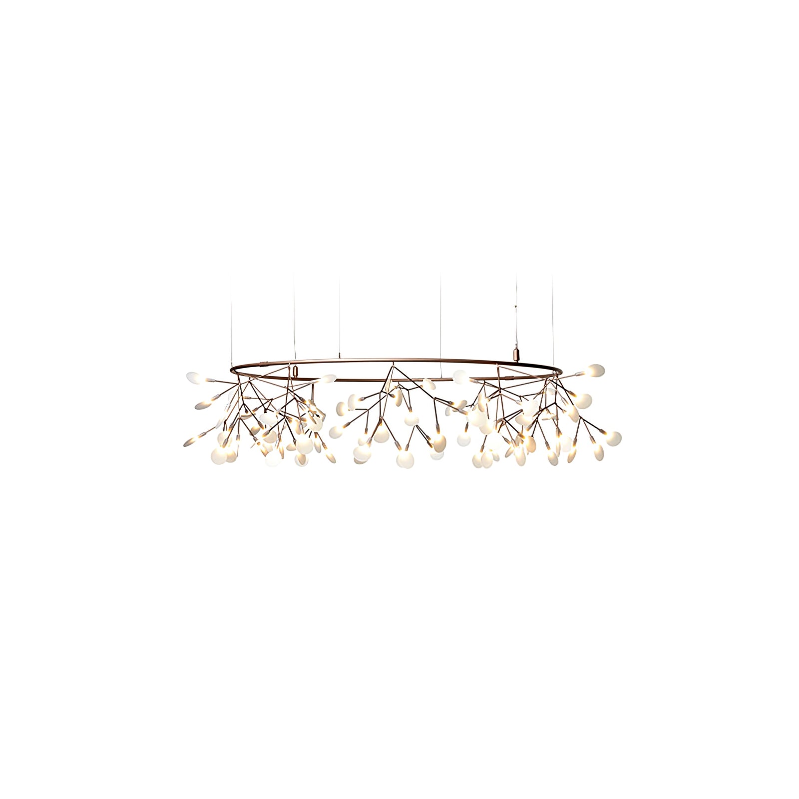 Wide shallow leaf ring chandelier lit, with clusters below a warm metallic frame and cropped hanging wires