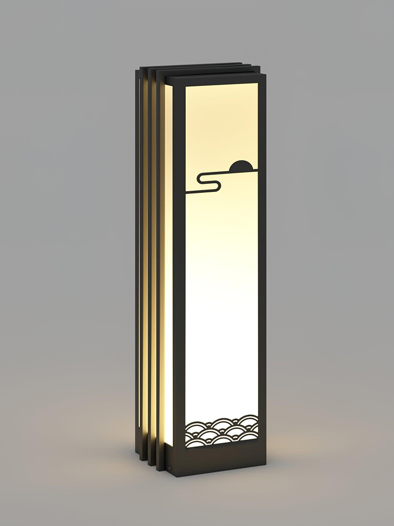 Isolated slim tall lantern with plain top, black vertical fins and illuminated sun-and-wave panel