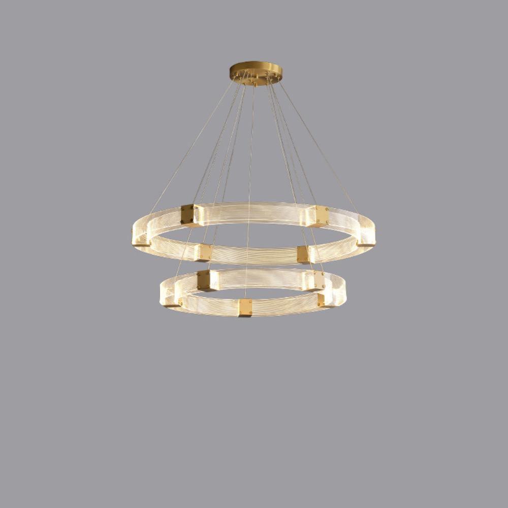 Two-tier round LED chandelier with descending textured acrylic rings and gold-tone connectors