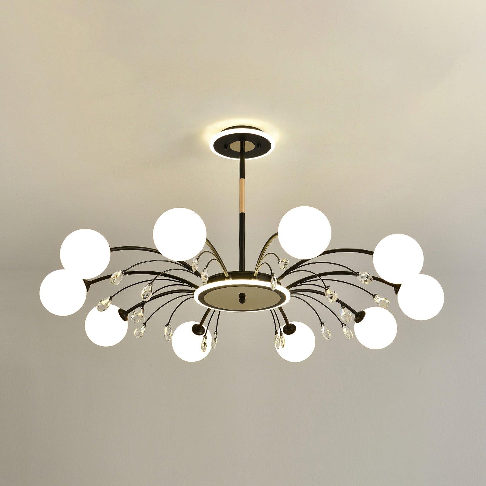 Ten-light Black version with white globes, clear drop stems and circular hub, listed at 100 cm diameter