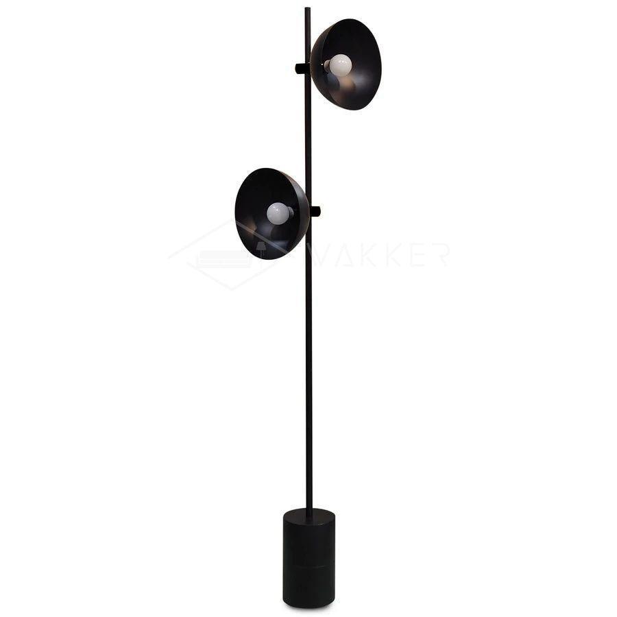 Black Studio floor lamp with two circular heads and a tall slim stem.