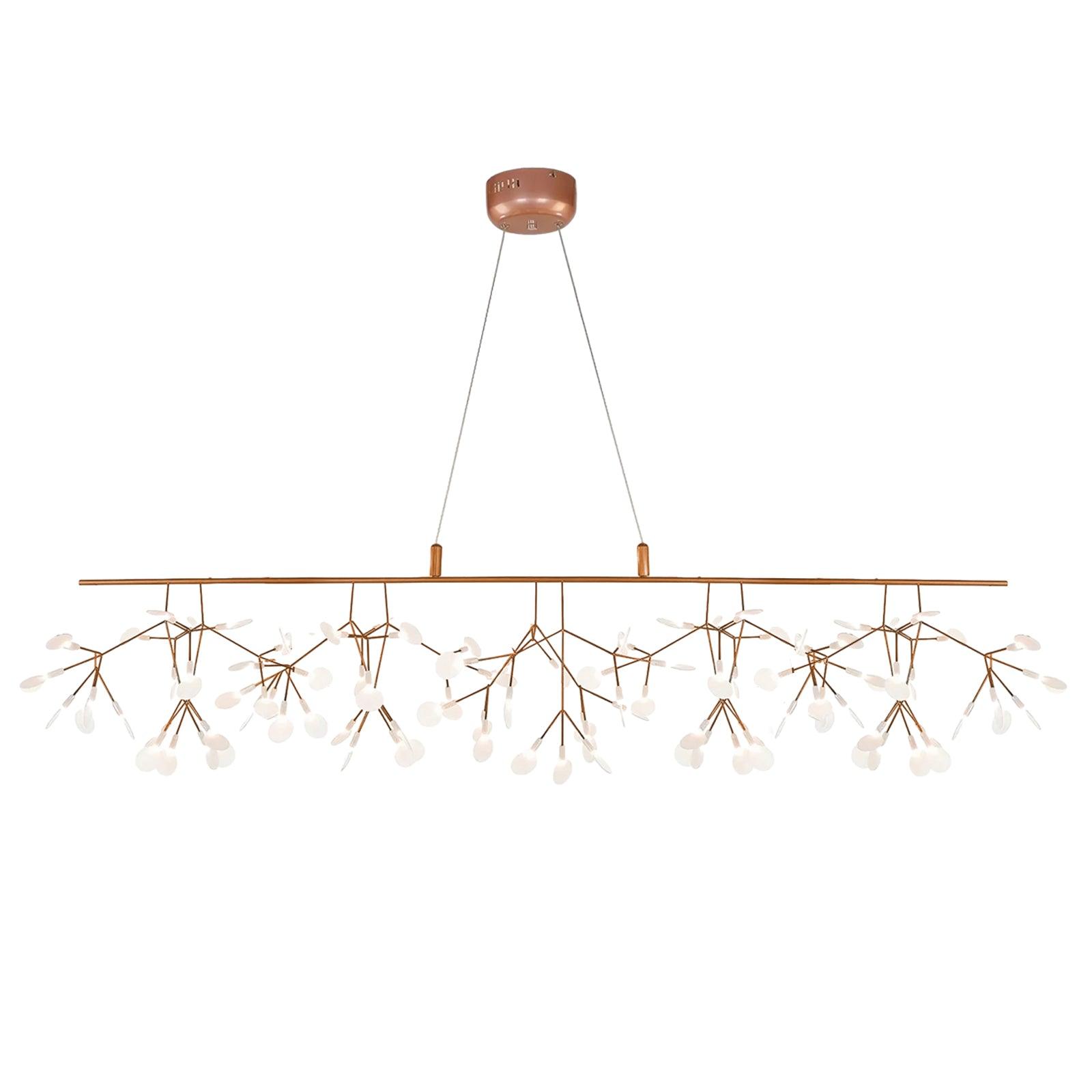 Model B 150 cm Rose Gold Firefly chandelier on white, with long branching bar and two cables at one round canopy