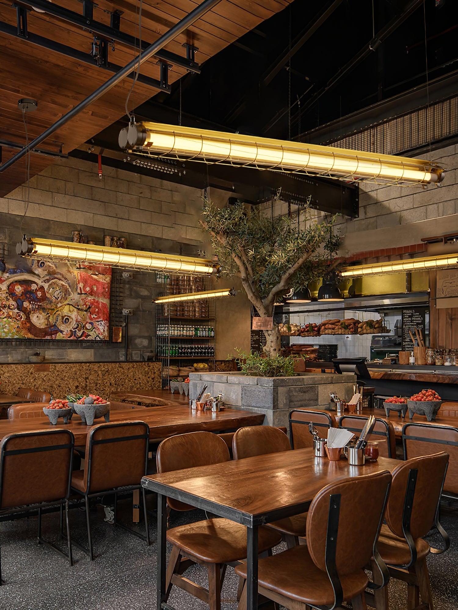 Artisan Glass chandeliers over dining tables below a wood-and-metal restaurant ceiling