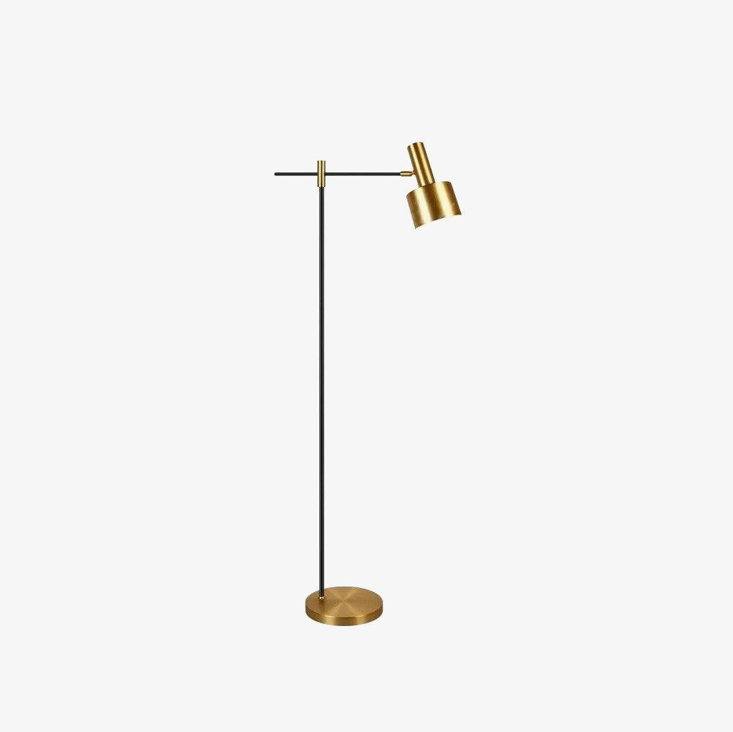 Lit Lento floor lamp on white with gold head at right, black horizontal arm, slim upright and round gold base