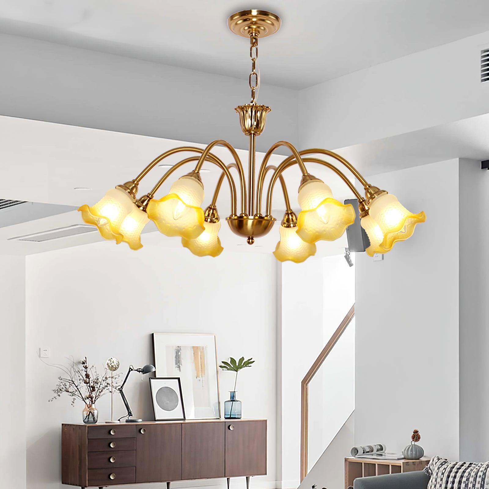 Yellow floral chandelier in a living room