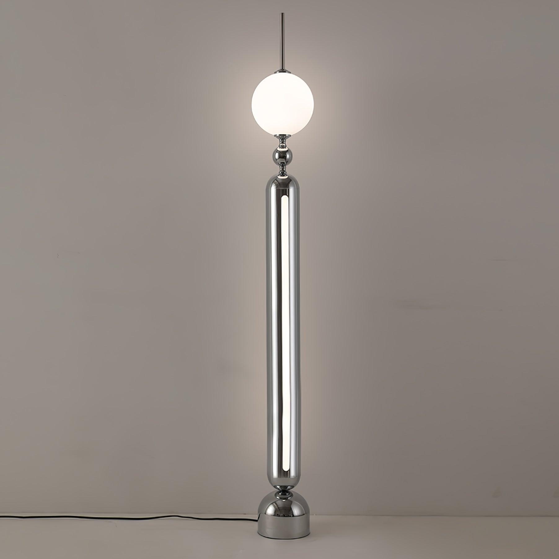 Lightning Rod chrome floor lamp with a white globe and vertical light strip
