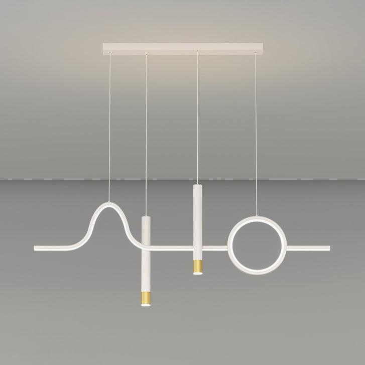White arch-and-ring pendant against gray, with thin bright outline, rectangular canopy and two gold-tipped cylindrical lights